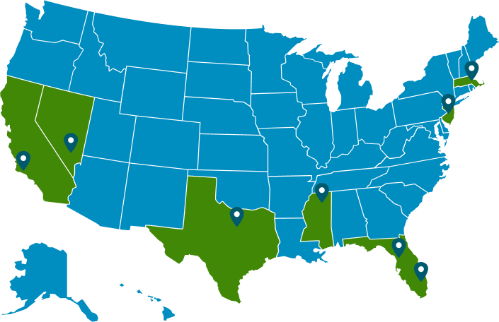 American Addiction Centers treatment facilities on a U.S. map